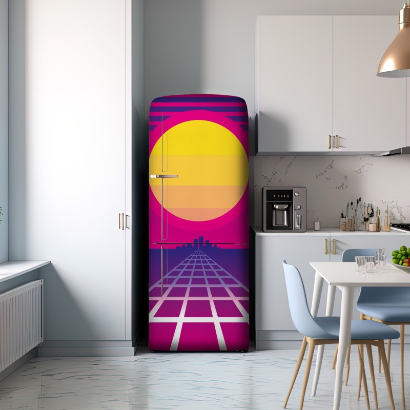 Naklejka na lodówkę neonowy zachód słońca nad miastem – Wallissimo® Naklejka na lodówkę neonowy zachód słońca nad miastem – Wallissimo®