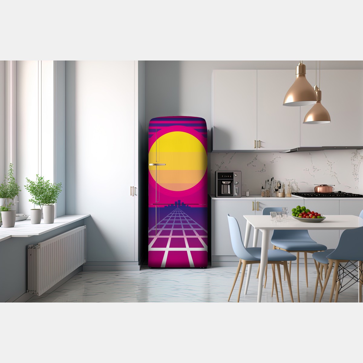 Naklejka na lodówkę neonowy zachód słońca nad miastem – Wallissimo® Naklejka na lodówkę neonowy zachód słońca nad miastem – Wallissimo®