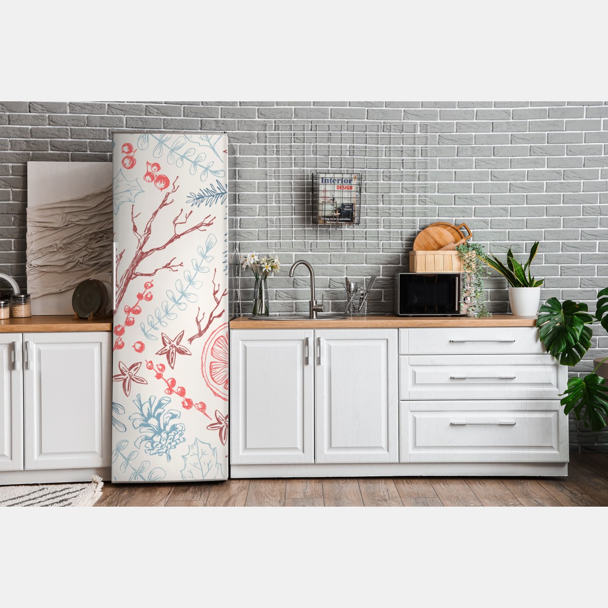 Naklejka na lodówkę ręcznie rysowany zimowy wzór botaniczny – Wallissimo® Naklejka na lodówkę ręcznie rysowany zimowy wzór botaniczny – Wallissimo®
