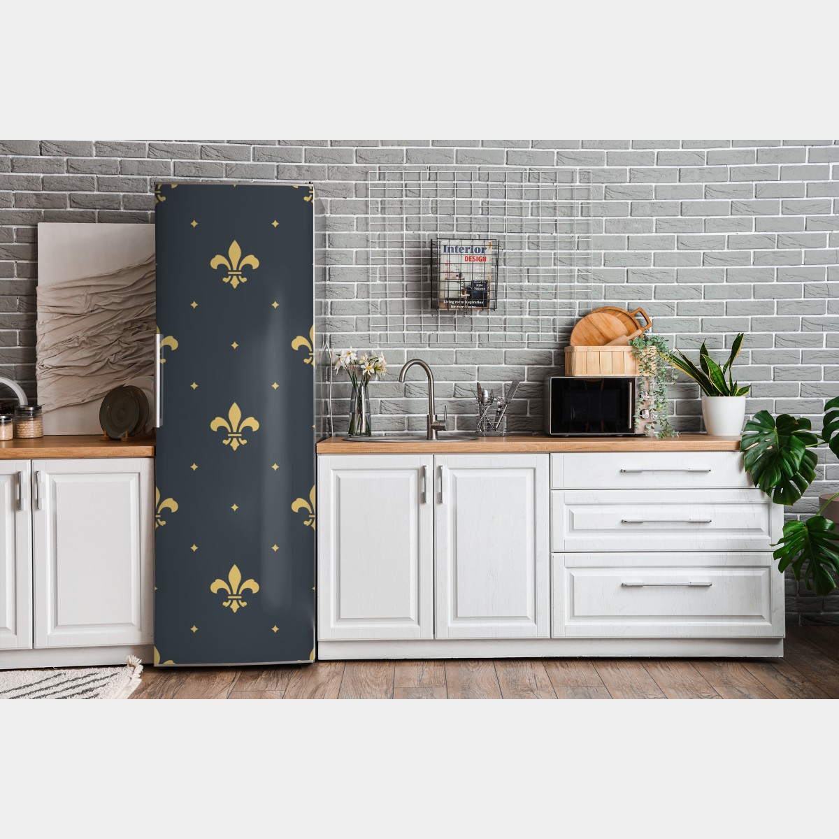Naklejka na lodówkę złoty wzór lilii na ciemnym tle – Wallissimo® Naklejka na lodówkę złoty wzór lilii na ciemnym tle – Wallissimo®