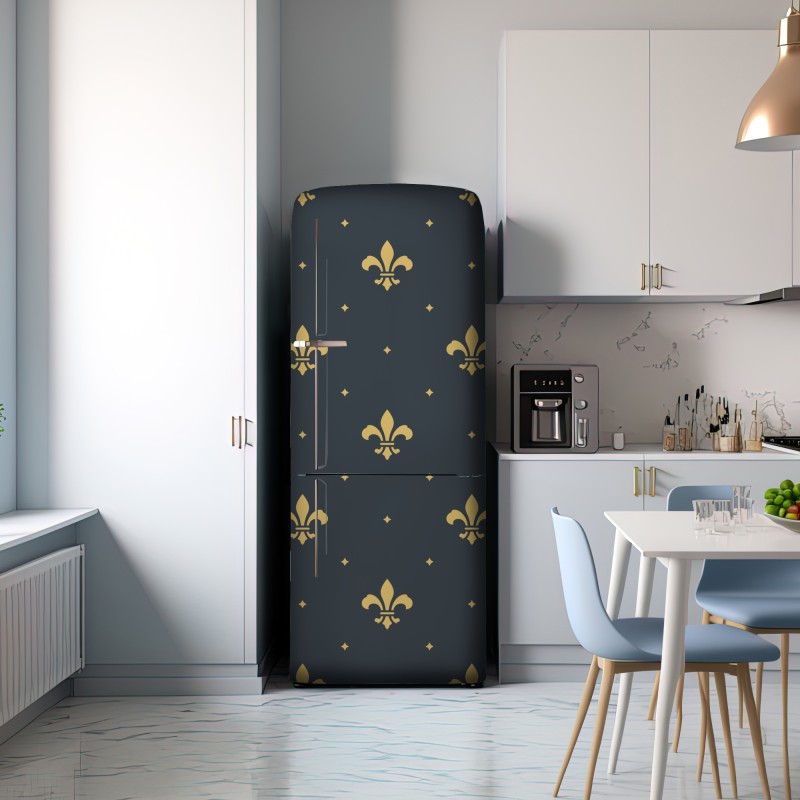 Naklejka na lodówkę złoty wzór lilii na ciemnym tle – Wallissimo® Naklejka na lodówkę złoty wzór lilii na ciemnym tle – Wallissimo®