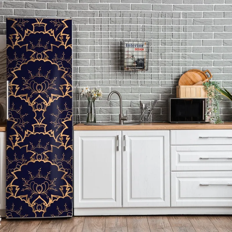 Naklejka na lodówkę luksusowy złoty wzór kwiatowy na granacie – Wallissimo® Naklejka na lodówkę luksusowy złoty wzór kwiatowy na granacie – Wallissimo®