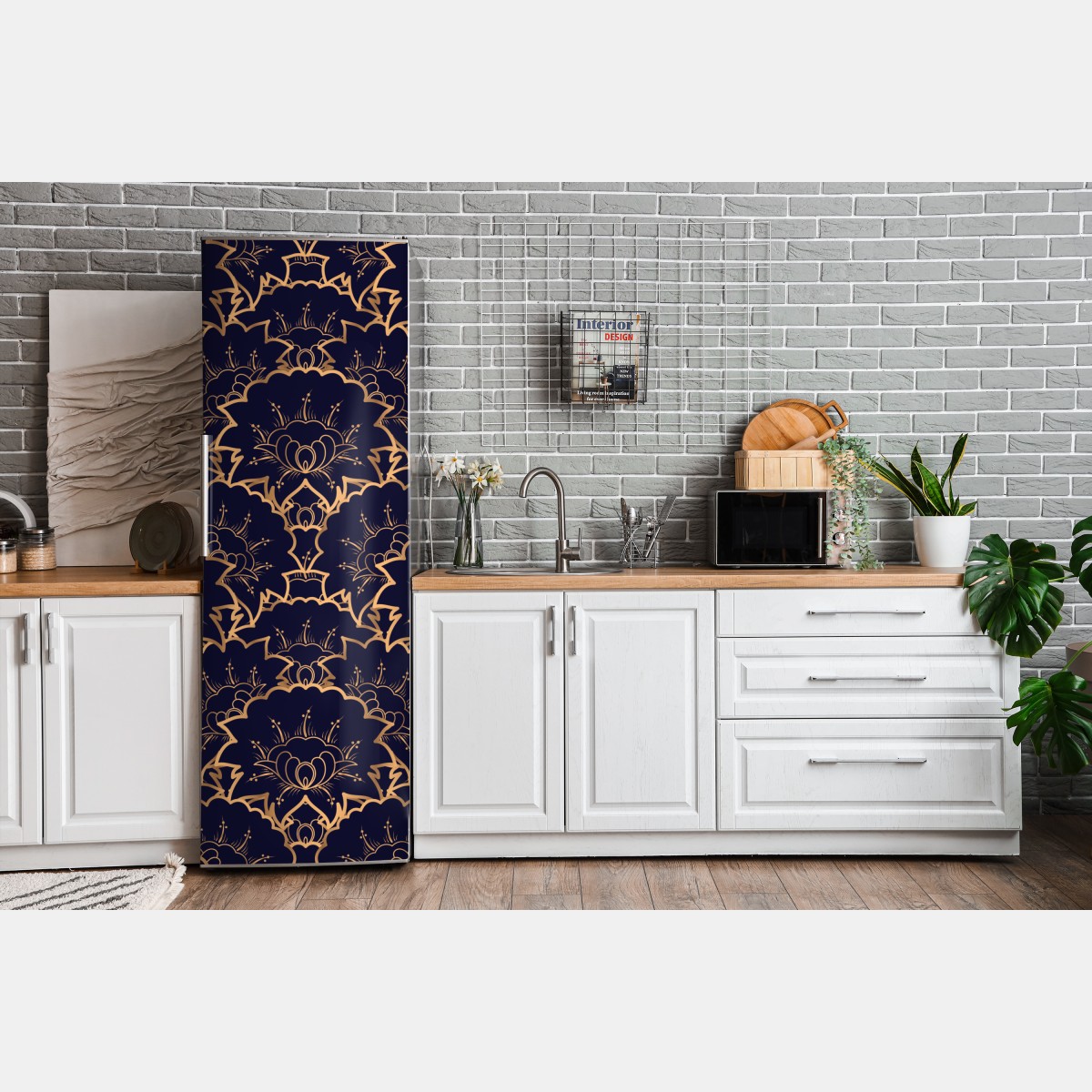 Naklejka na lodówkę luksusowy złoty wzór kwiatowy na granacie – Wallissimo® Naklejka na lodówkę luksusowy złoty wzór kwiatowy na granacie – Wallissimo®