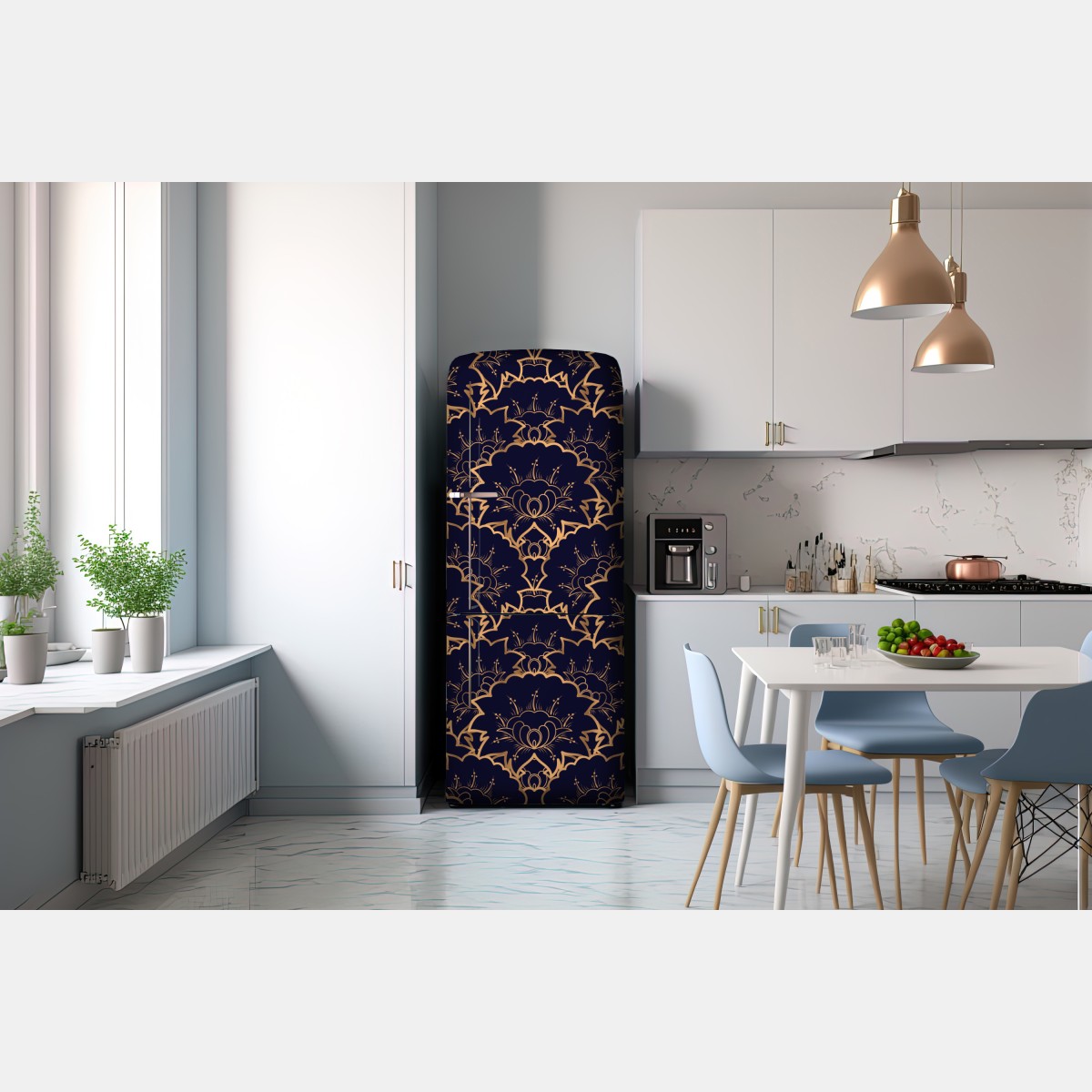 Naklejka na lodówkę luksusowy złoty wzór kwiatowy na granacie – Wallissimo® Naklejka na lodówkę luksusowy złoty wzór kwiatowy na granacie – Wallissimo®