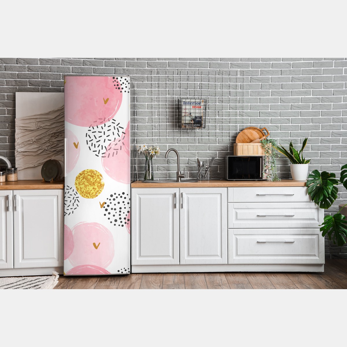 Naklejka na lodówkę różowy akwarelowy wzór z okręgami i złotymi akcentami – Wallissimo® Naklejka na lodówkę różowy akwarelowy wzór z okręgami i złotymi akcentami – Wallissimo®