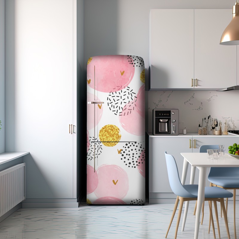 Naklejka na lodówkę różowy akwarelowy wzór z okręgami i złotymi akcentami – Wallissimo® Naklejka na lodówkę różowy akwarelowy wzór z okręgami i złotymi akcentami – Wallissimo®