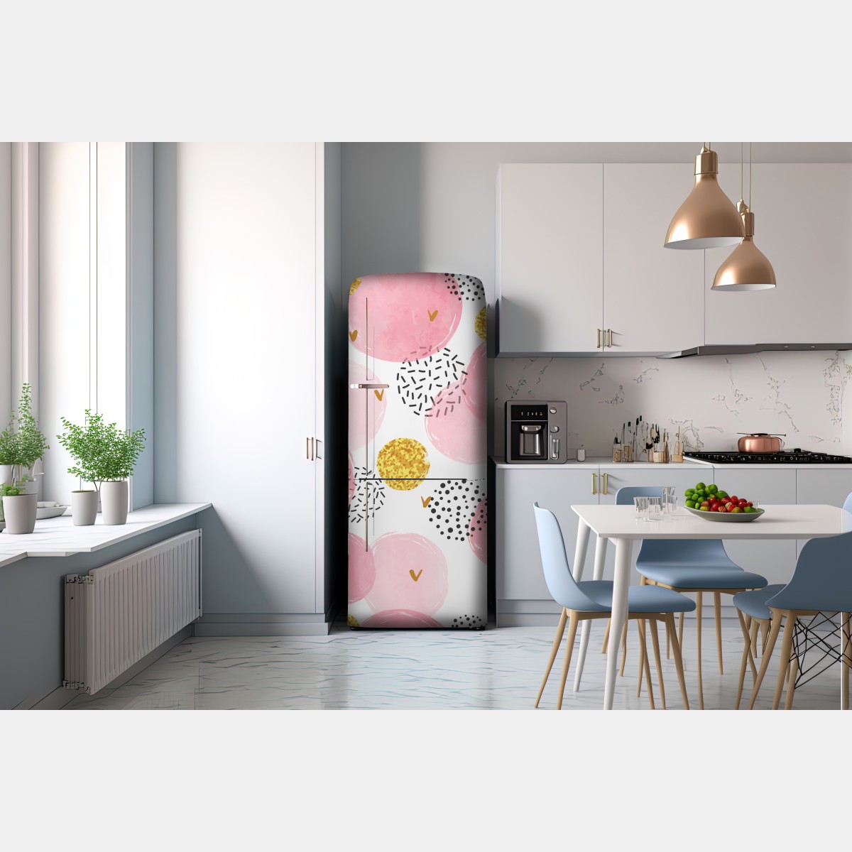 Naklejka na lodówkę różowy akwarelowy wzór z okręgami i złotymi akcentami – Wallissimo® Naklejka na lodówkę różowy akwarelowy wzór z okręgami i złotymi akcentami – Wallissimo®