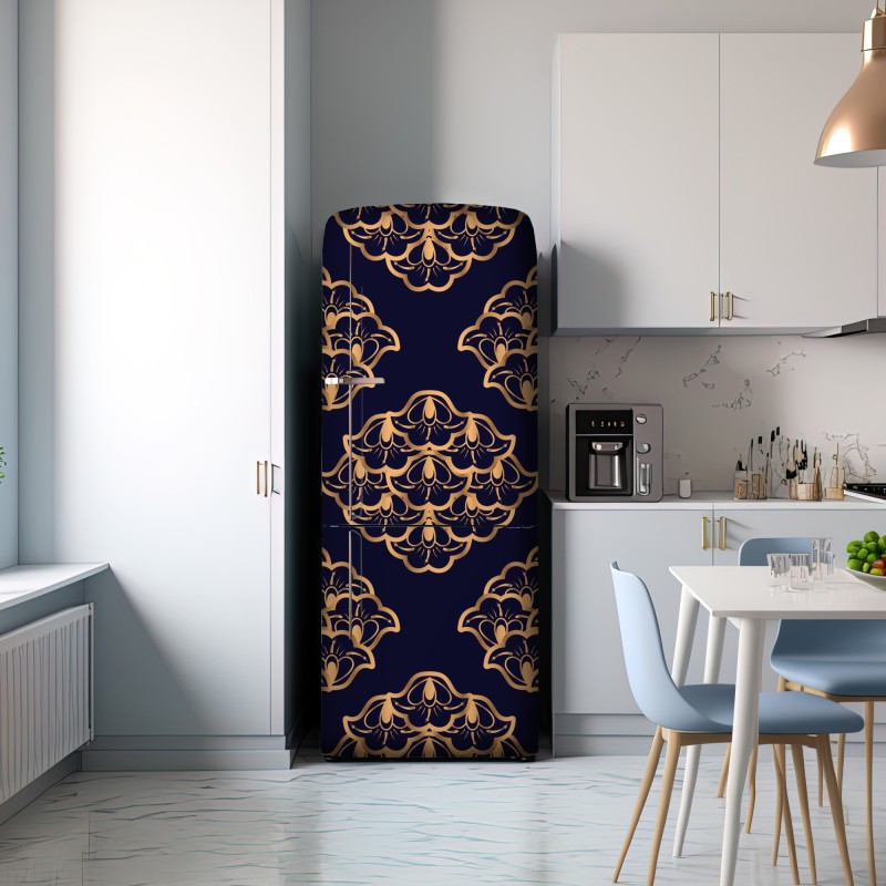Naklejka na lodówkę złoty wzór damaskowy na granatowym tle – Wallissimo® Naklejka na lodówkę złoty wzór damaskowy na granatowym tle – Wallissimo®