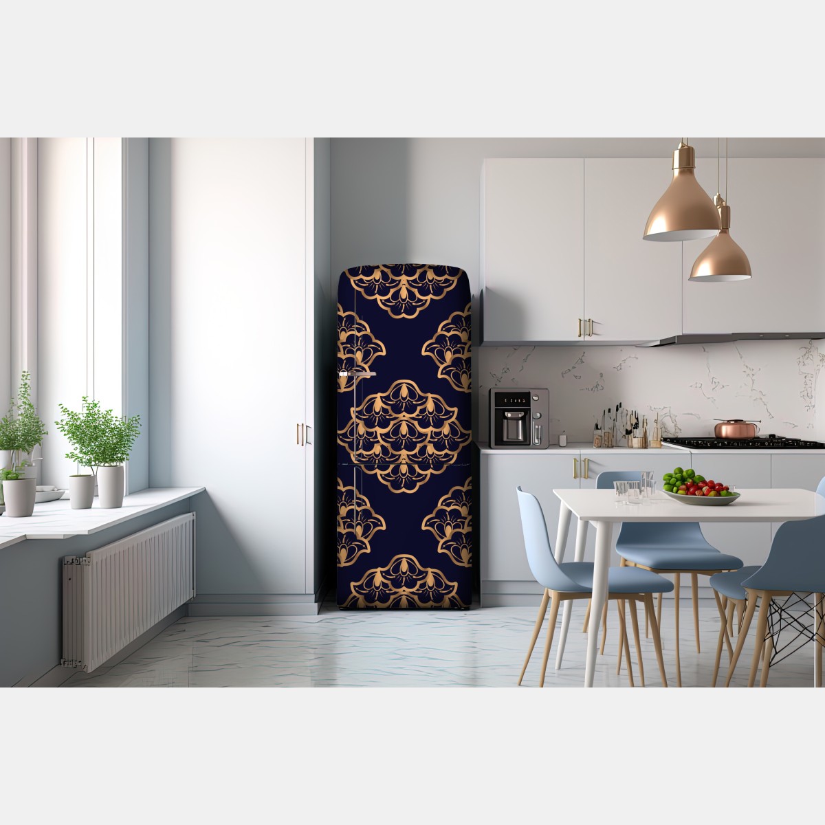 Naklejka na lodówkę złoty wzór damaskowy na granatowym tle – Wallissimo® Naklejka na lodówkę złoty wzór damaskowy na granatowym tle – Wallissimo®