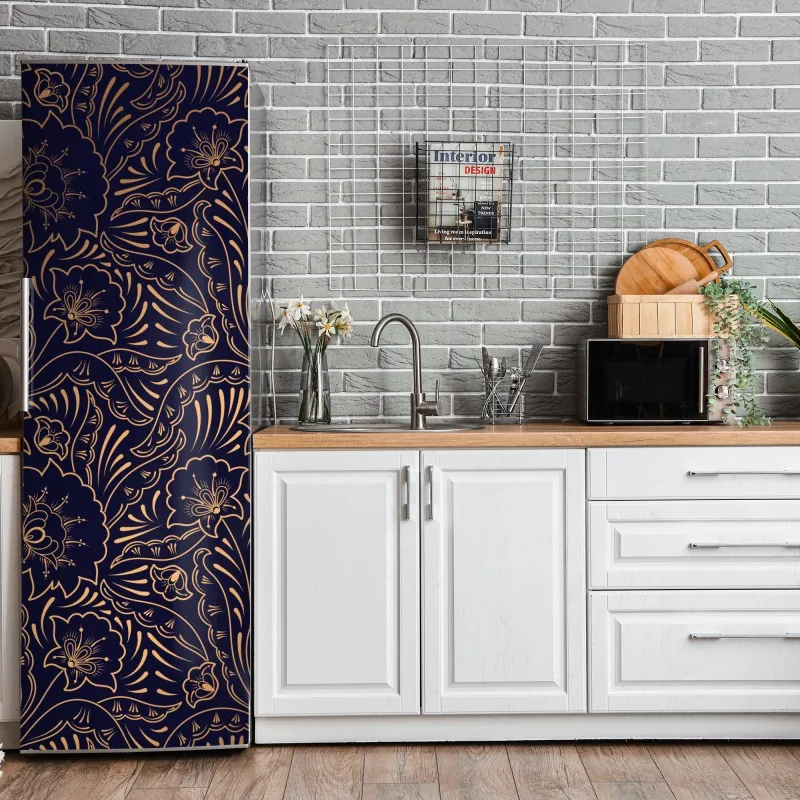 Naklejka na lodówkę odważna geometryczna elewacja w pomarańczy i turkusie – Wallissimo®