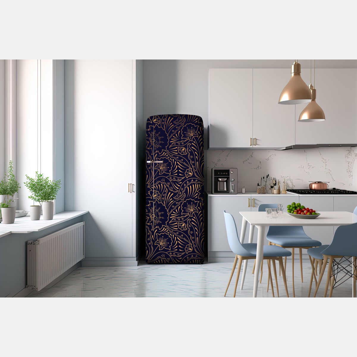Naklejka na lodówkę złoty kwiatowy ornament na granatowym tle – Wallissimo® Naklejka na lodówkę złoty kwiatowy ornament na granatowym tle – Wallissimo®