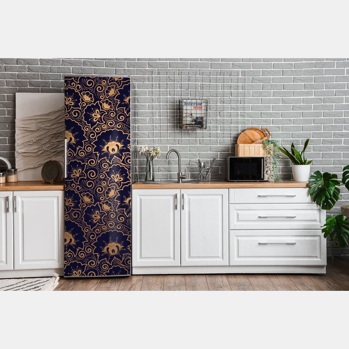 Naklejka na lodówkę luksusowy złoty wzór kwiatowy na ciemnym tle – Wallissimo® Naklejka na lodówkę luksusowy złoty wzór kwiatowy na ciemnym tle – Wallissimo®