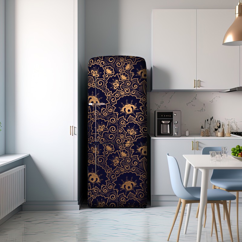 Naklejka na lodówkę luksusowy złoty wzór kwiatowy na ciemnym tle – Wallissimo® Naklejka na lodówkę luksusowy złoty wzór kwiatowy na ciemnym tle – Wallissimo®