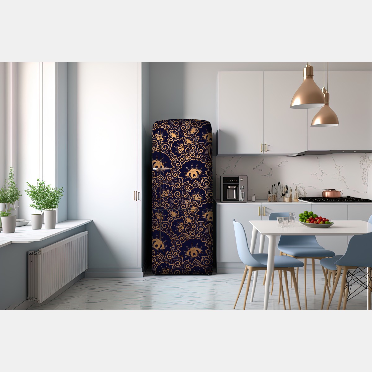 Naklejka na lodówkę luksusowy złoty wzór kwiatowy na ciemnym tle – Wallissimo® Naklejka na lodówkę luksusowy złoty wzór kwiatowy na ciemnym tle – Wallissimo®