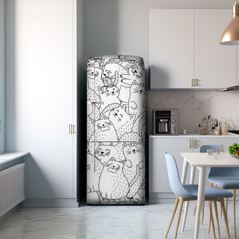 Naklejka na lodówkę wzór z kotami w stylu doodle – Wallissimo® Naklejka na lodówkę wzór z kotami w stylu doodle – Wallissimo®