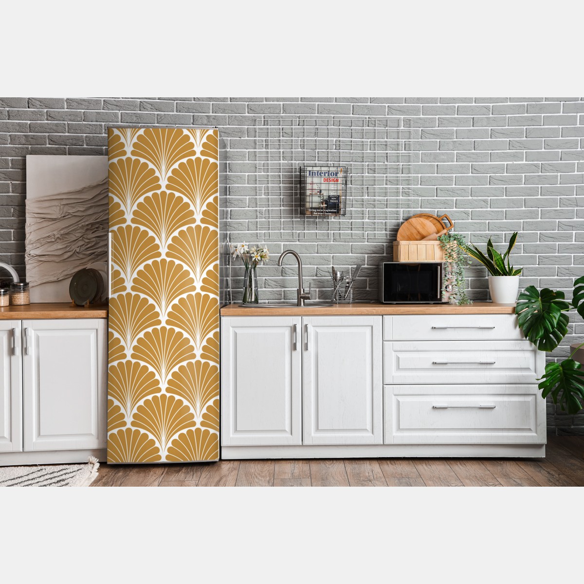 Naklejka na lodówkę złoty wzór wachlarza w stylu art deco – Wallissimo® Naklejka na lodówkę złoty wzór wachlarza w stylu art deco – Wallissimo®