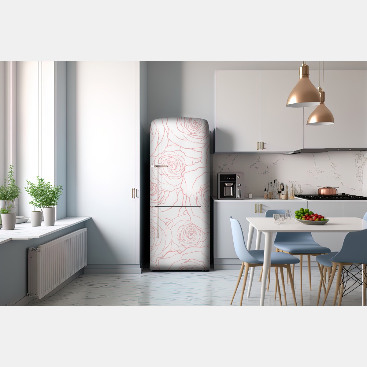 Naklejka na lodówkę delikatny wzór różowych róż – Wallissimo® Naklejka na lodówkę delikatny wzór różowych róż – Wallissimo®