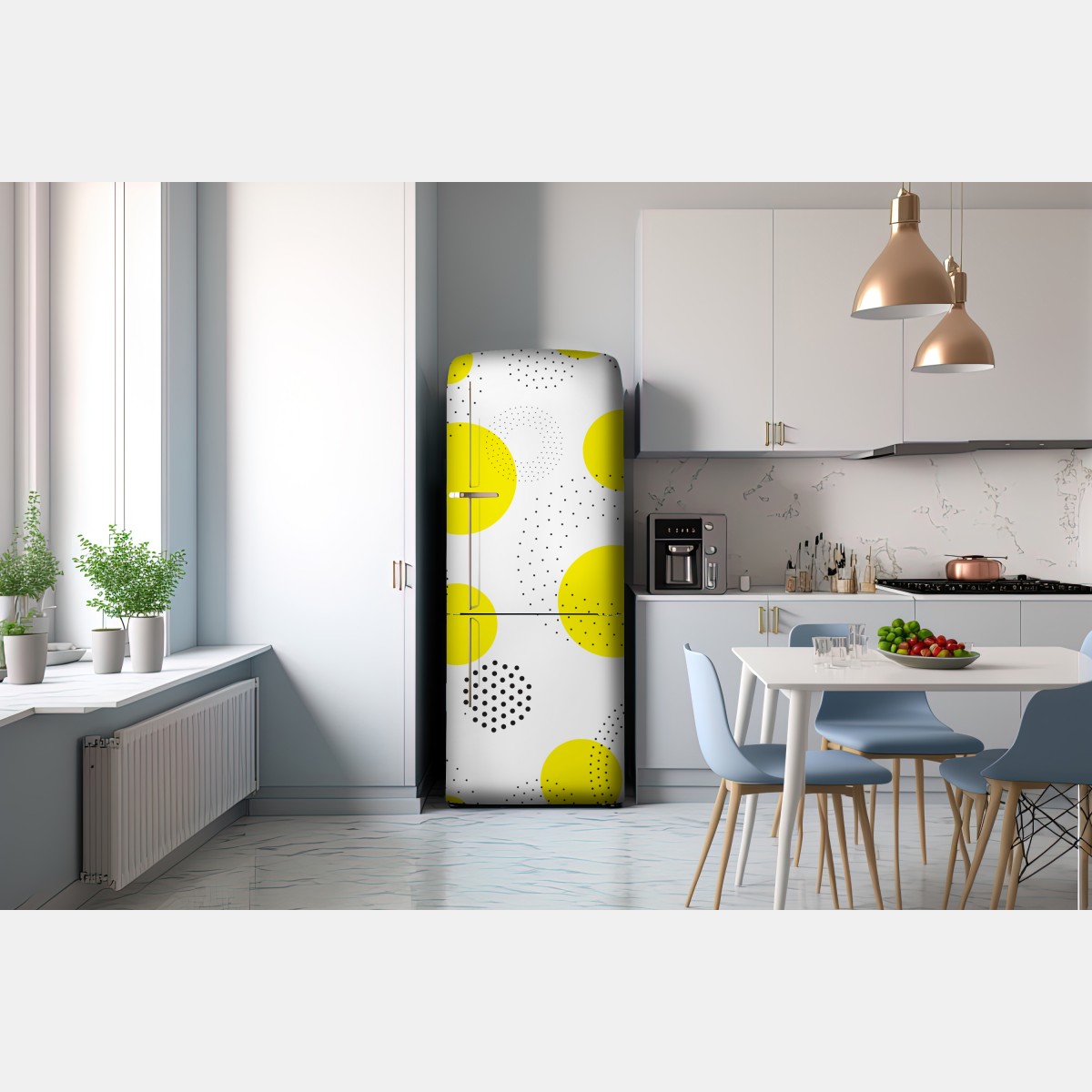 Naklejka na lodówkę jasny żółty wzór w kropki do pokoju – Wallissimo® Naklejka na lodówkę jasny żółty wzór w kropki do pokoju – Wallissimo®