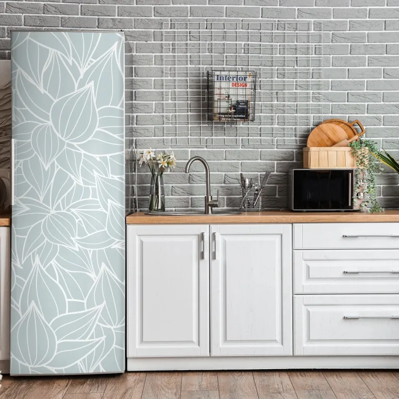 Naklejka na lodówkę delikatny turkusowy wzór liści – Wallissimo® Naklejka na lodówkę delikatny turkusowy wzór liści – Wallissimo®