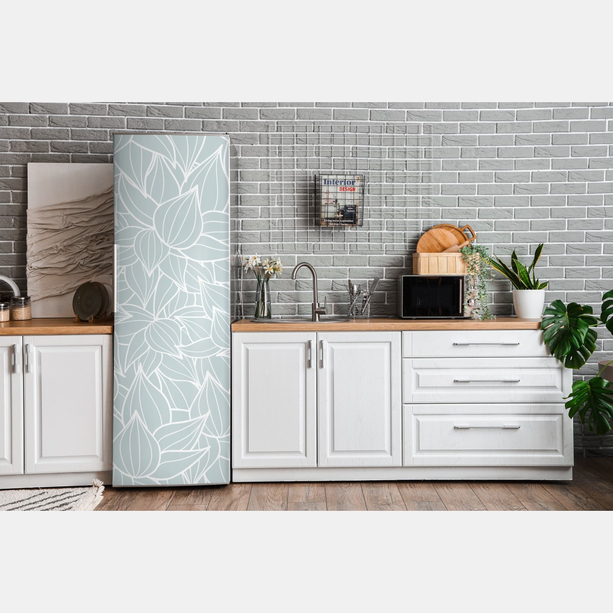 Naklejka na lodówkę delikatny turkusowy wzór liści – Wallissimo® Naklejka na lodówkę delikatny turkusowy wzór liści – Wallissimo®
