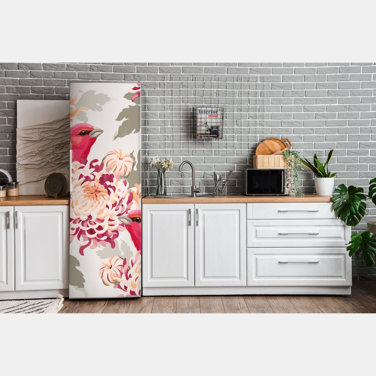Naklejka na lodówkę różowe ptaki i wzór z chryzantemami – Wallissimo® Naklejka na lodówkę różowe ptaki i wzór z chryzantemami – Wallissimo®