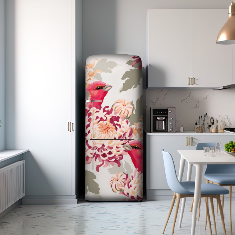 Naklejka na lodówkę różowe ptaki i wzór z chryzantemami – Wallissimo® Naklejka na lodówkę różowe ptaki i wzór z chryzantemami – Wallissimo®