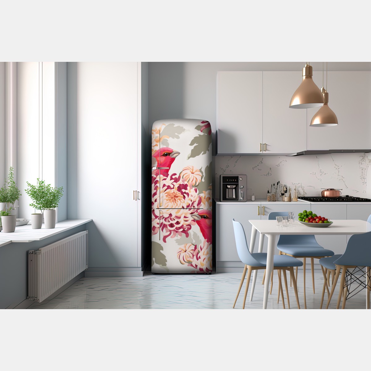 Naklejka na lodówkę różowe ptaki i wzór z chryzantemami – Wallissimo® Naklejka na lodówkę różowe ptaki i wzór z chryzantemami – Wallissimo®