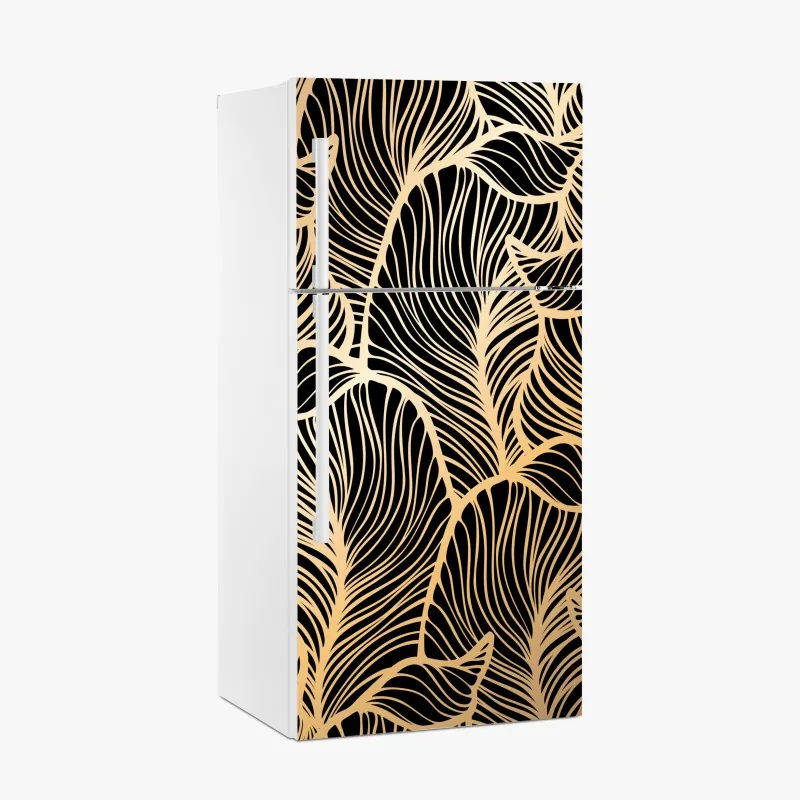 Naklejka na lodówkę złoty wzór liści na czarnym tle