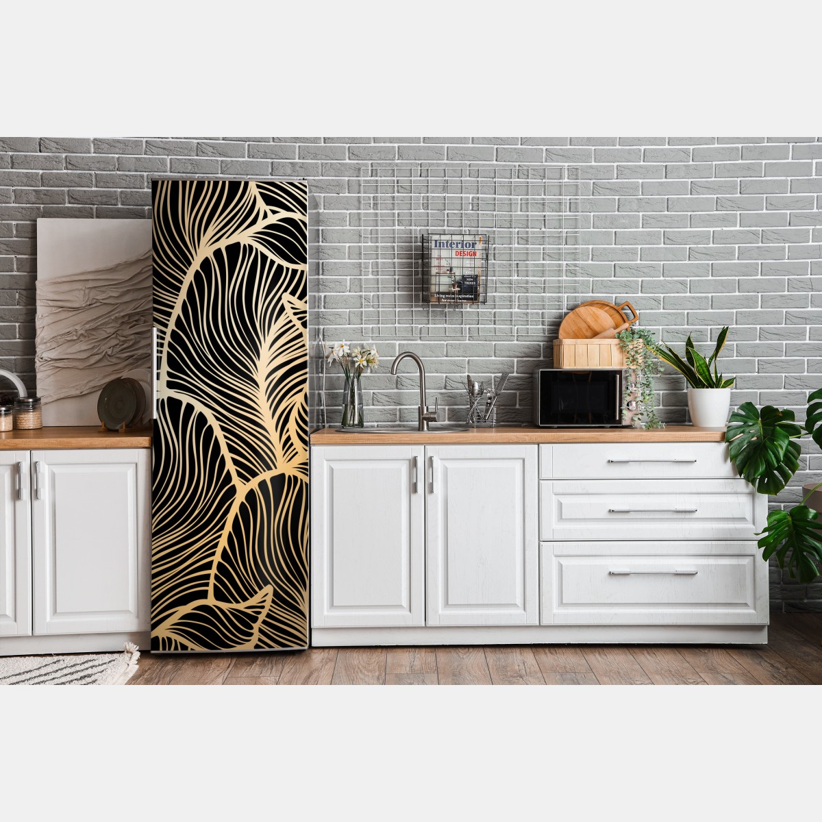 Naklejka na lodówkę złoty wzór liści na czarnym tle – Wallissimo® Naklejka na lodówkę złoty wzór liści na czarnym tle – Wallissimo®