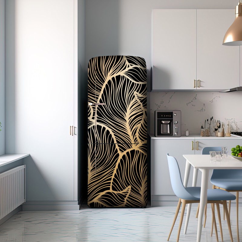 Naklejka na lodówkę złoty wzór liści na czarnym tle – Wallissimo® Naklejka na lodówkę złoty wzór liści na czarnym tle – Wallissimo®