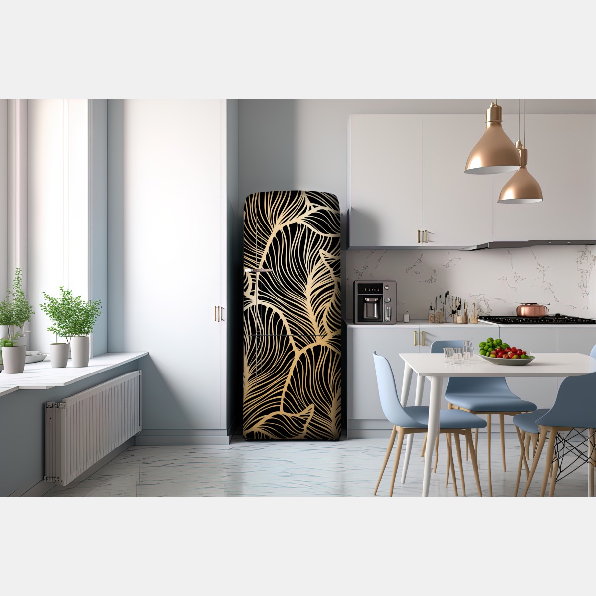 Naklejka na lodówkę złoty wzór liści na czarnym tle – Wallissimo® Naklejka na lodówkę złoty wzór liści na czarnym tle – Wallissimo®