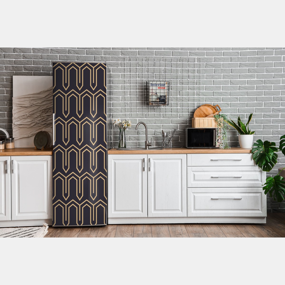 Naklejka na lodówkę art deco geometryczny wzór w złocie na czarnym tle – Wallissimo® Naklejka na lodówkę art deco geometryczny wzór w złocie na czarnym tle – Wallissimo®