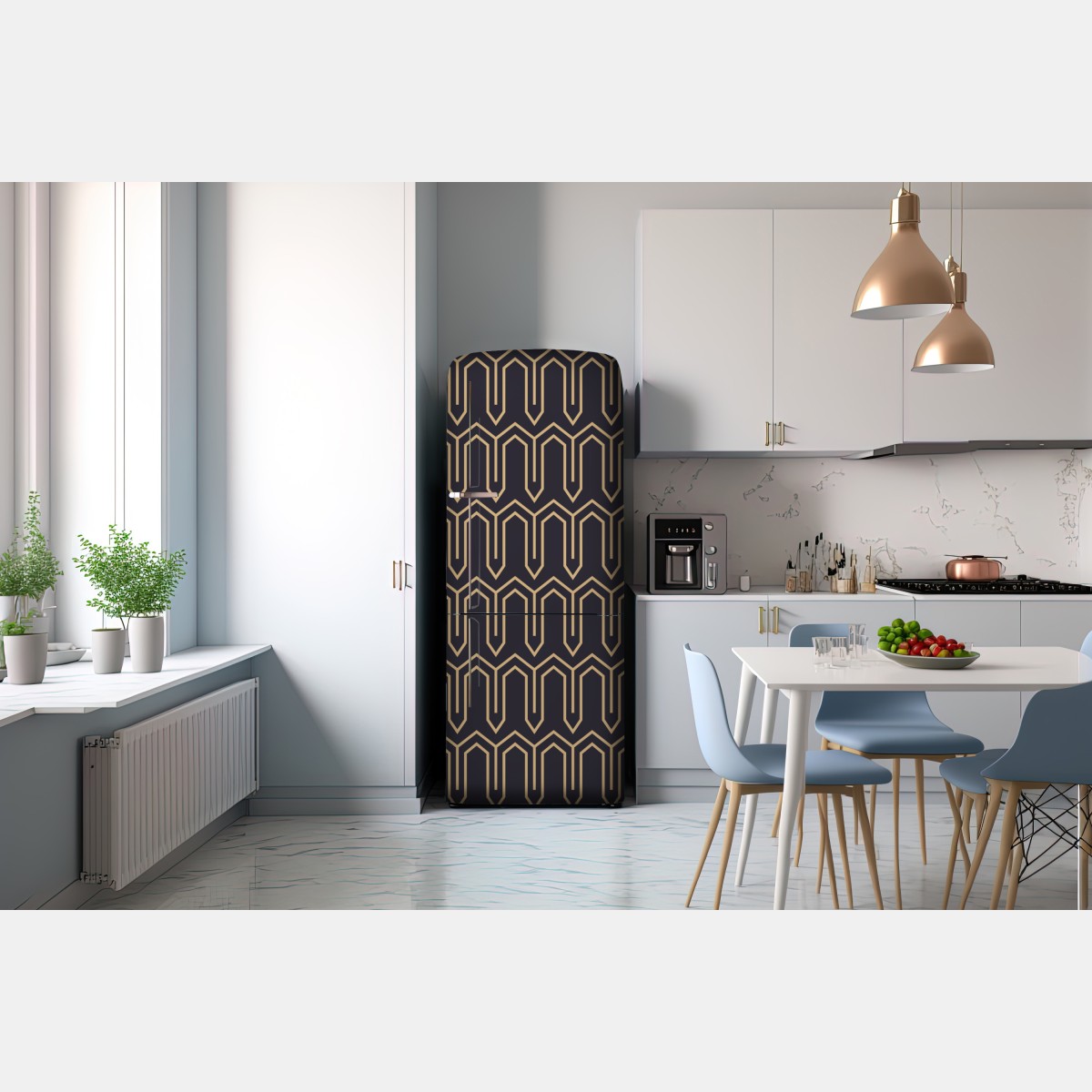 Naklejka na lodówkę art deco geometryczny wzór w złocie na czarnym tle – Wallissimo® Naklejka na lodówkę art deco geometryczny wzór w złocie na czarnym tle – Wallissimo®