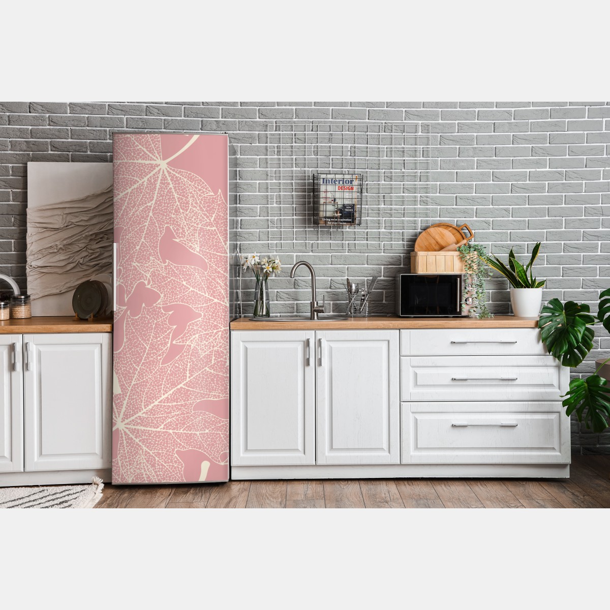Naklejka na lodówkę delikatny różowy wzór liści – Wallissimo® Naklejka na lodówkę delikatny różowy wzór liści – Wallissimo®