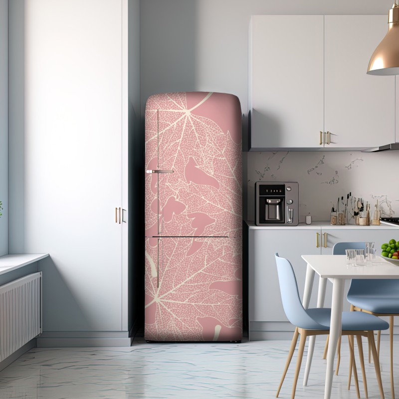 Naklejka na lodówkę delikatny różowy wzór liści – Wallissimo® Naklejka na lodówkę delikatny różowy wzór liści – Wallissimo®