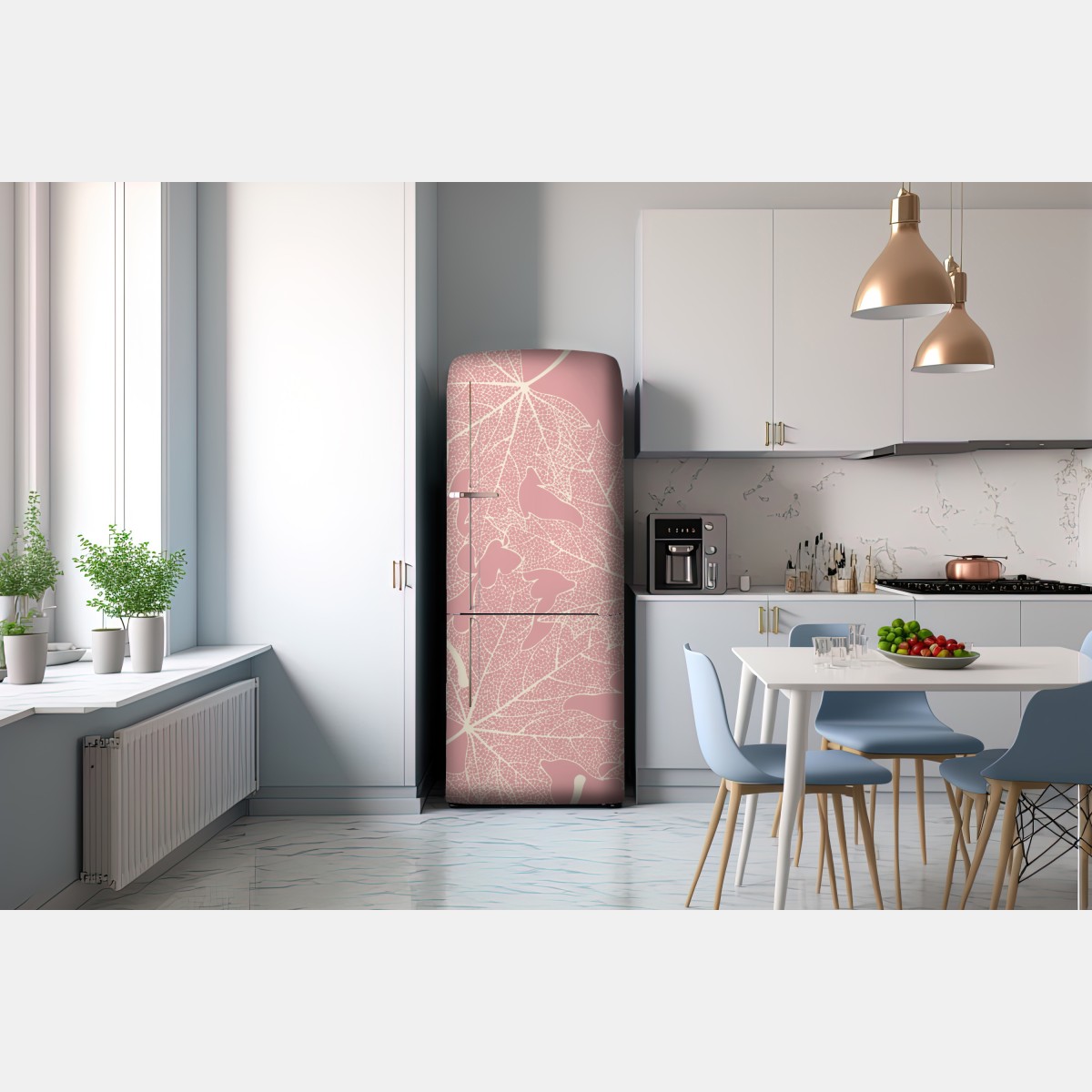 Naklejka na lodówkę delikatny różowy wzór liści – Wallissimo® Naklejka na lodówkę delikatny różowy wzór liści – Wallissimo®