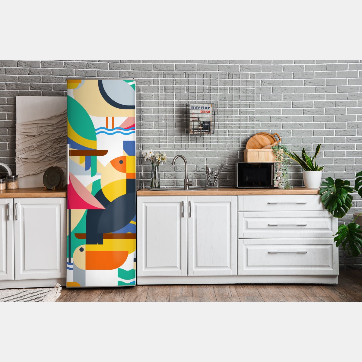 Naklejka na lodówkę tropikalny geometryczny wzór ptaków – Wallissimo® Naklejka na lodówkę tropikalny geometryczny wzór ptaków – Wallissimo®