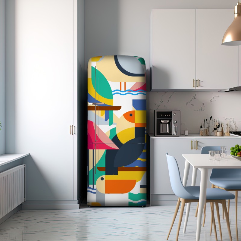 Naklejka na lodówkę tropikalny geometryczny wzór ptaków – Wallissimo® Naklejka na lodówkę tropikalny geometryczny wzór ptaków – Wallissimo®