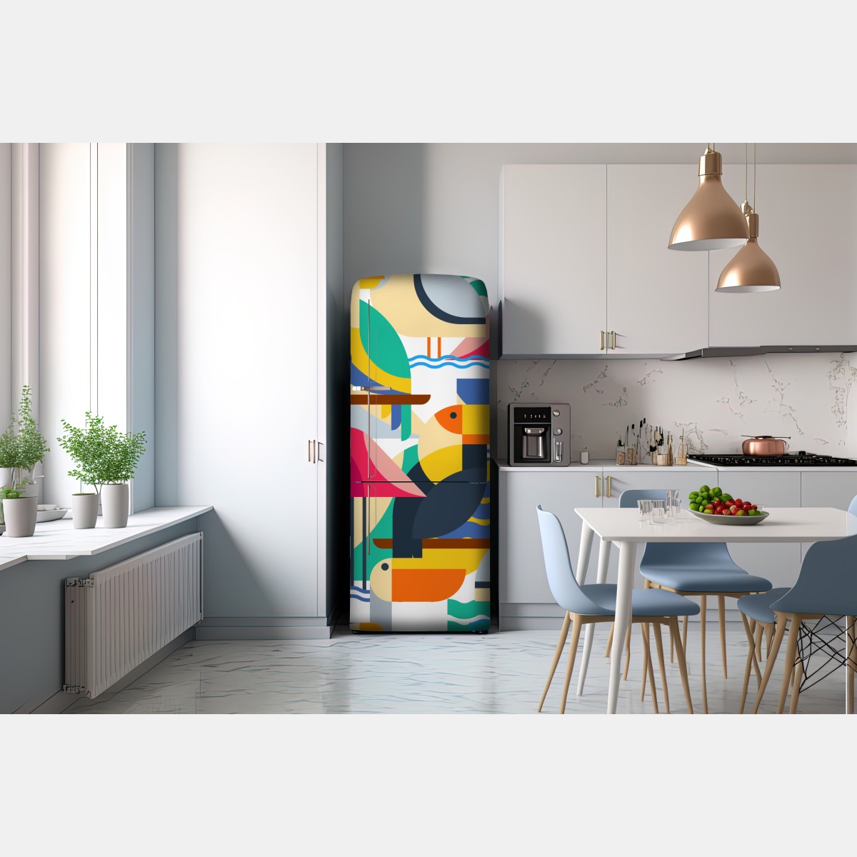 Naklejka na lodówkę tropikalny geometryczny wzór ptaków – Wallissimo® Naklejka na lodówkę tropikalny geometryczny wzór ptaków – Wallissimo®