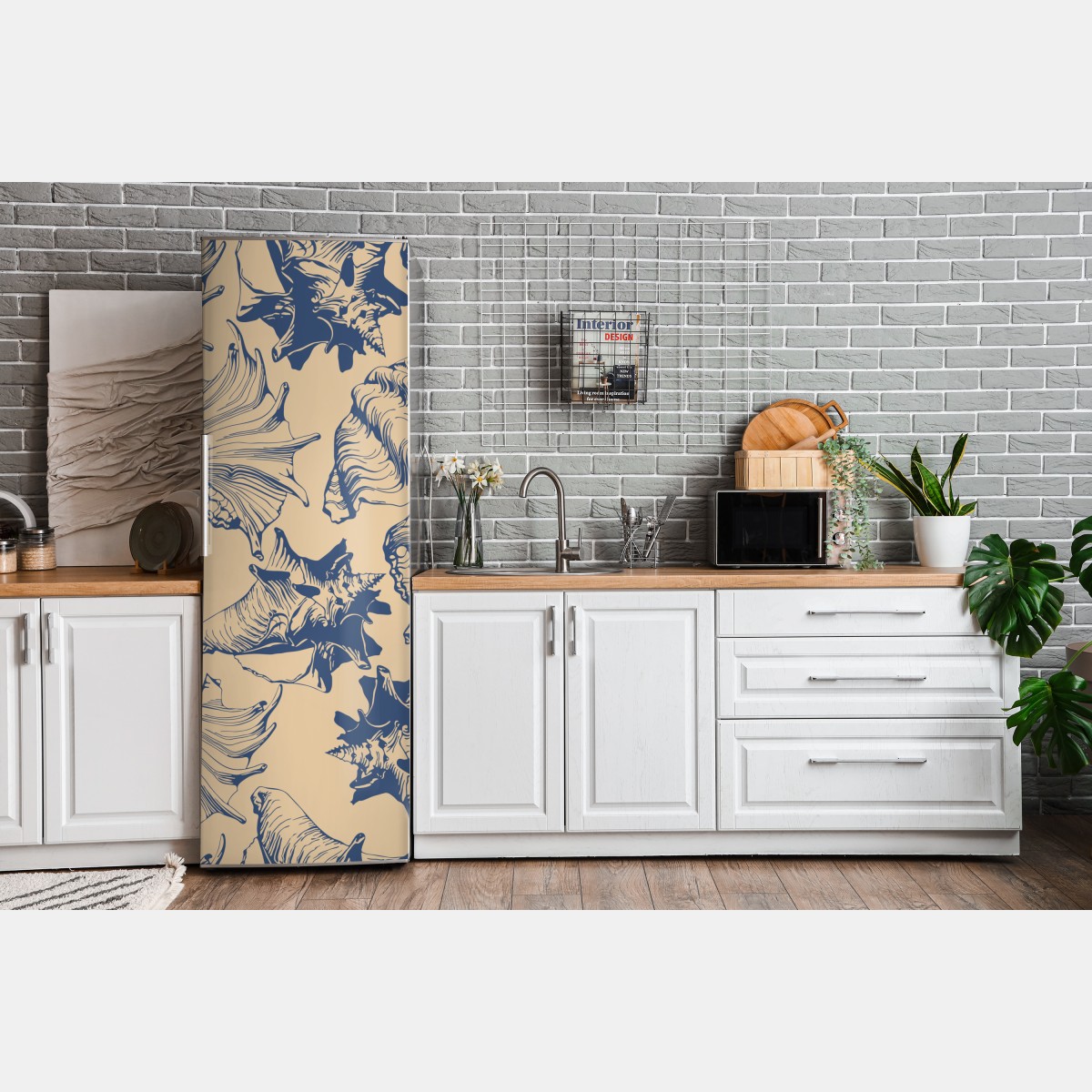 Naklejka na lodówkę wzór z muszlami w granacie i beżu – Wallissimo® Naklejka na lodówkę wzór z muszlami w granacie i beżu – Wallissimo®