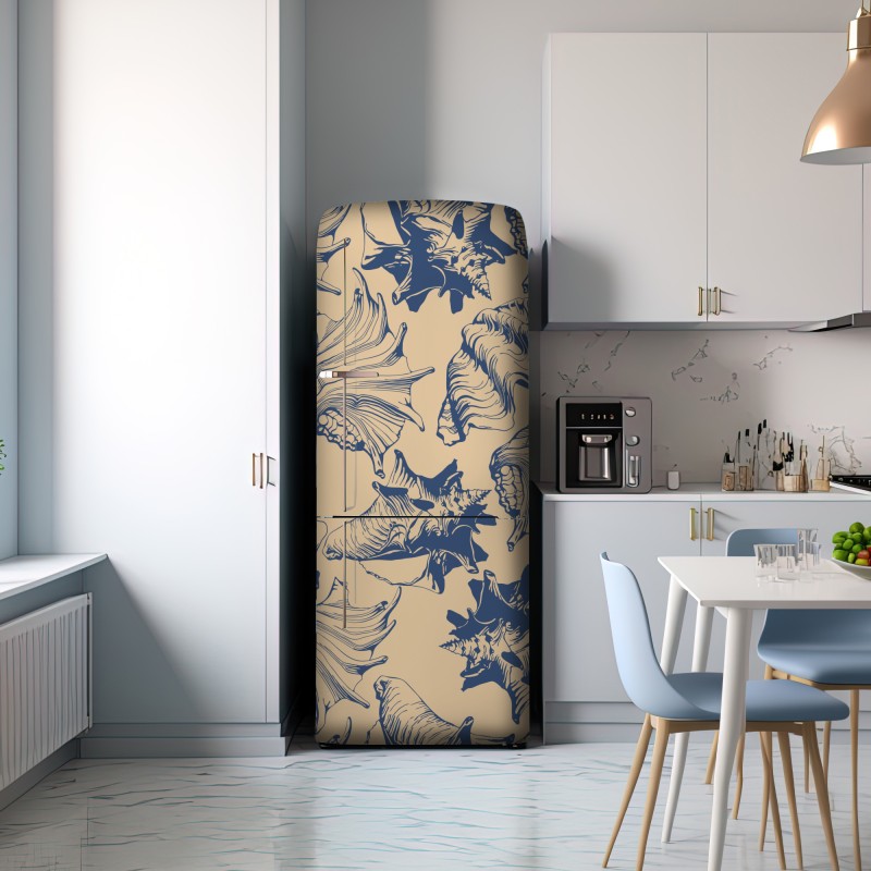 Naklejka na lodówkę wzór z muszlami w granacie i beżu – Wallissimo® Naklejka na lodówkę wzór z muszlami w granacie i beżu – Wallissimo®