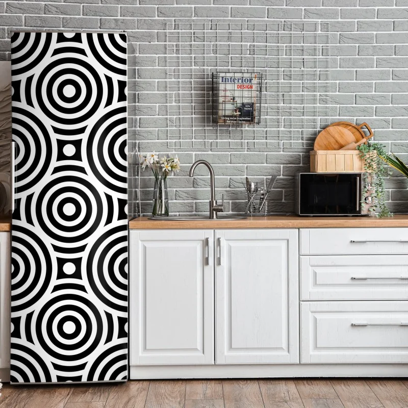 Naklejka na lodówkę czarno-biały wzór koncentrycznych kół – Wallissimo® Naklejka na lodówkę czarno-biały wzór koncentrycznych kół – Wallissimo®