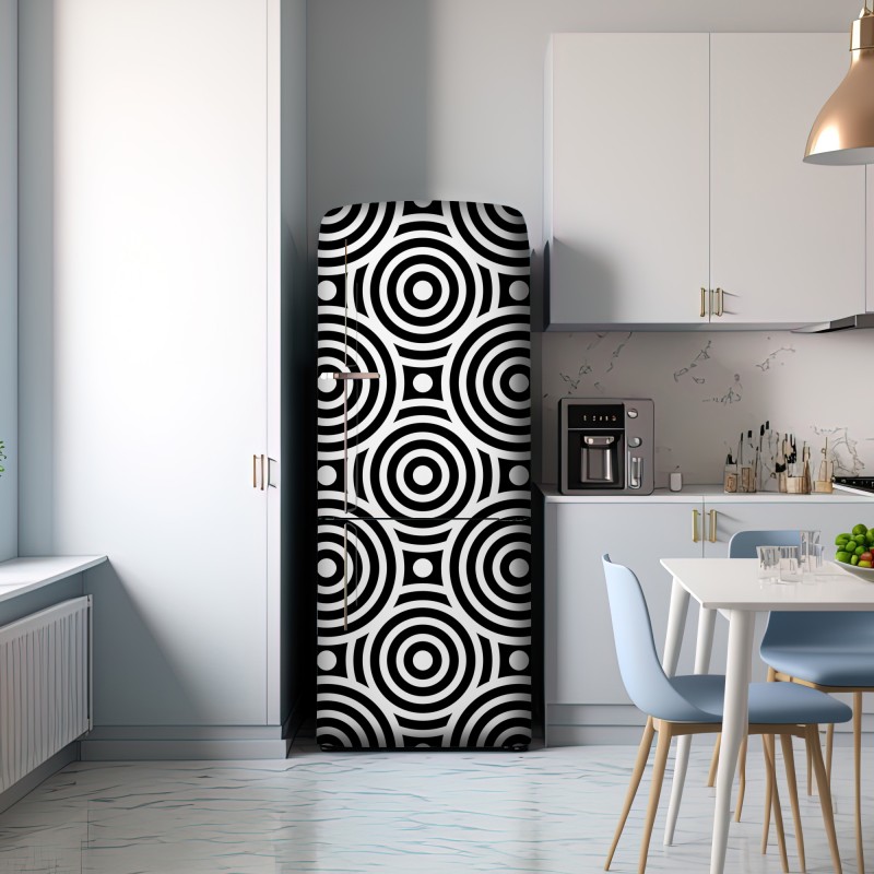 Naklejka na lodówkę czarno-biały wzór koncentrycznych kół – Wallissimo® Naklejka na lodówkę czarno-biały wzór koncentrycznych kół – Wallissimo®