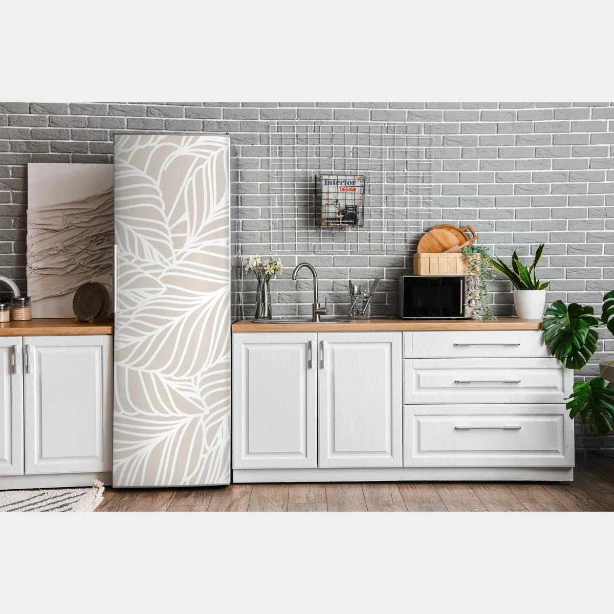 Naklejka na lodówkę beżowy botaniczny wzór liści – Wallissimo® Naklejka na lodówkę beżowy botaniczny wzór liści – Wallissimo®