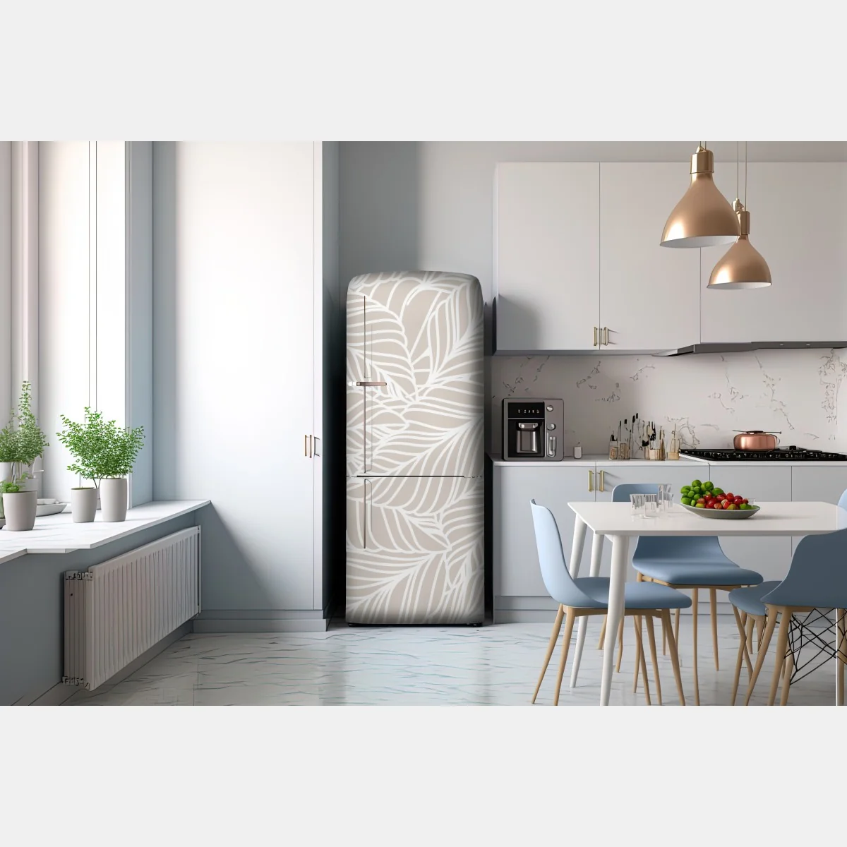 Naklejka na lodówkę beżowy botaniczny wzór liści – Wallissimo® Naklejka na lodówkę beżowy botaniczny wzór liści – Wallissimo®