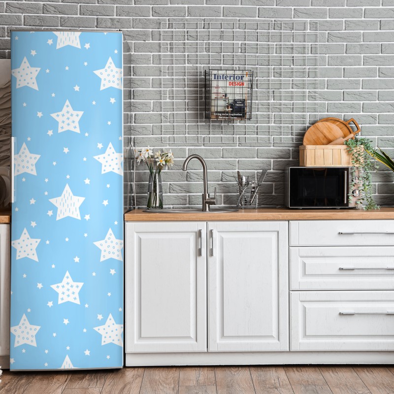 Naklejka na lodówkę odważna geometryczna elewacja w pomarańczy i turkusie – Wallissimo®