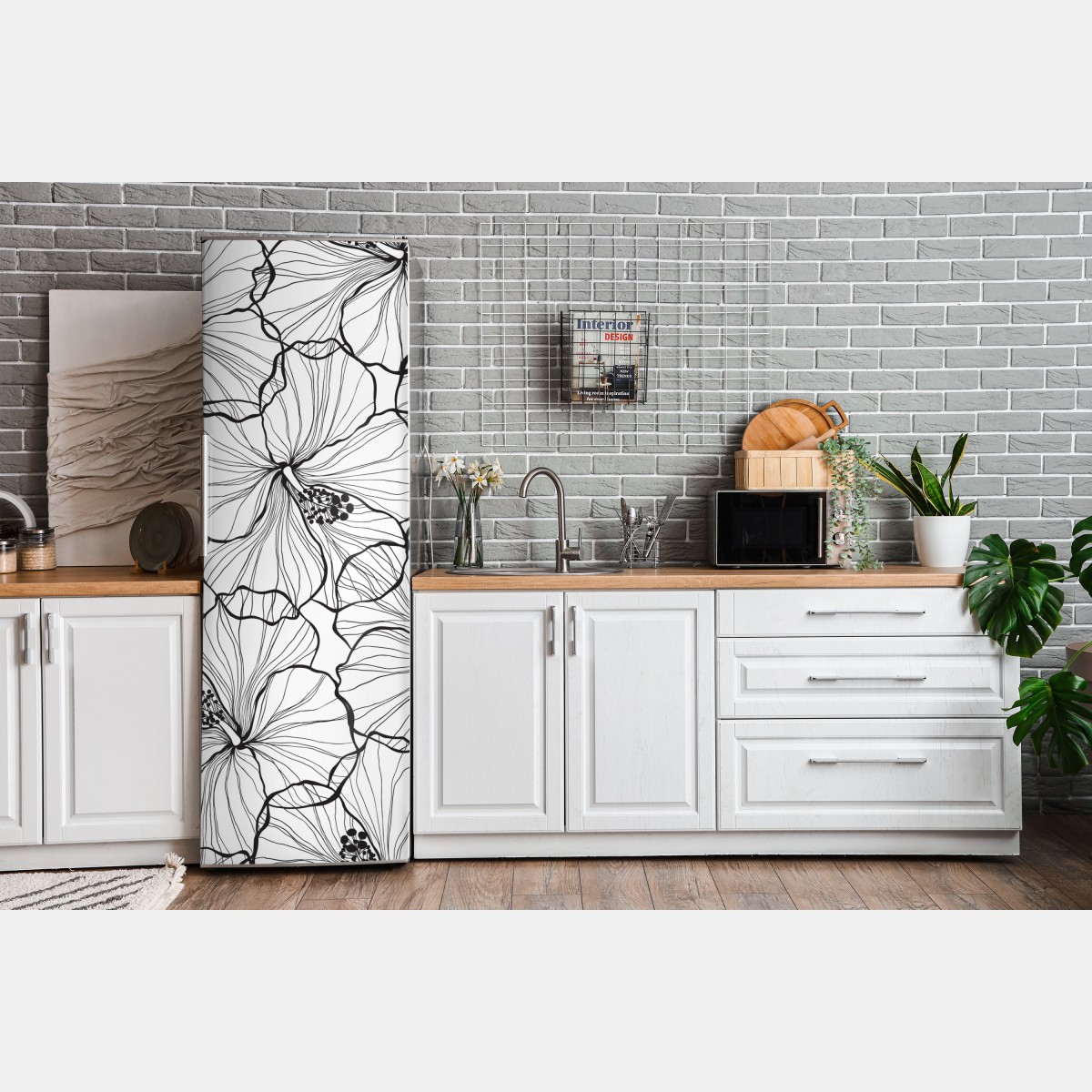 Naklejka na lodówkę czarno-biały hibiskus w stylu line art – Wallissimo® Naklejka na lodówkę czarno-biały hibiskus w stylu line art – Wallissimo®