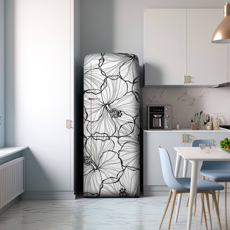 Naklejka na lodówkę czarno-biały hibiskus w stylu line art – Wallissimo® Naklejka na lodówkę czarno-biały hibiskus w stylu line art – Wallissimo®