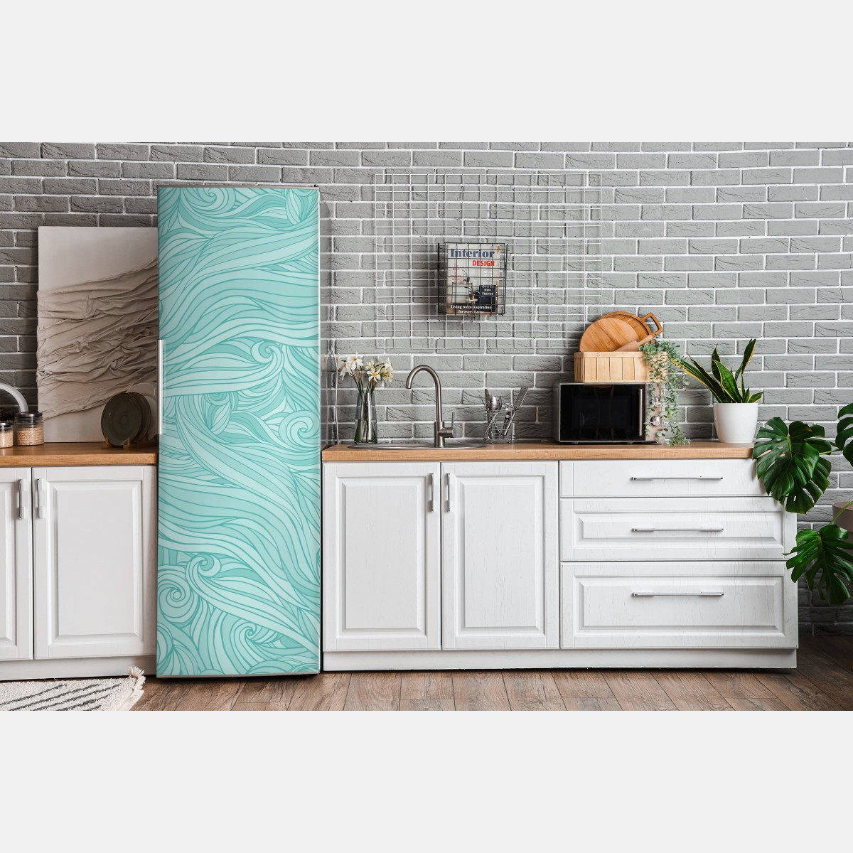 Naklejka na lodówkę turkusowy wzór falowy do dekoracji ścian – Wallissimo® Naklejka na lodówkę turkusowy wzór falowy do dekoracji ścian – Wallissimo®