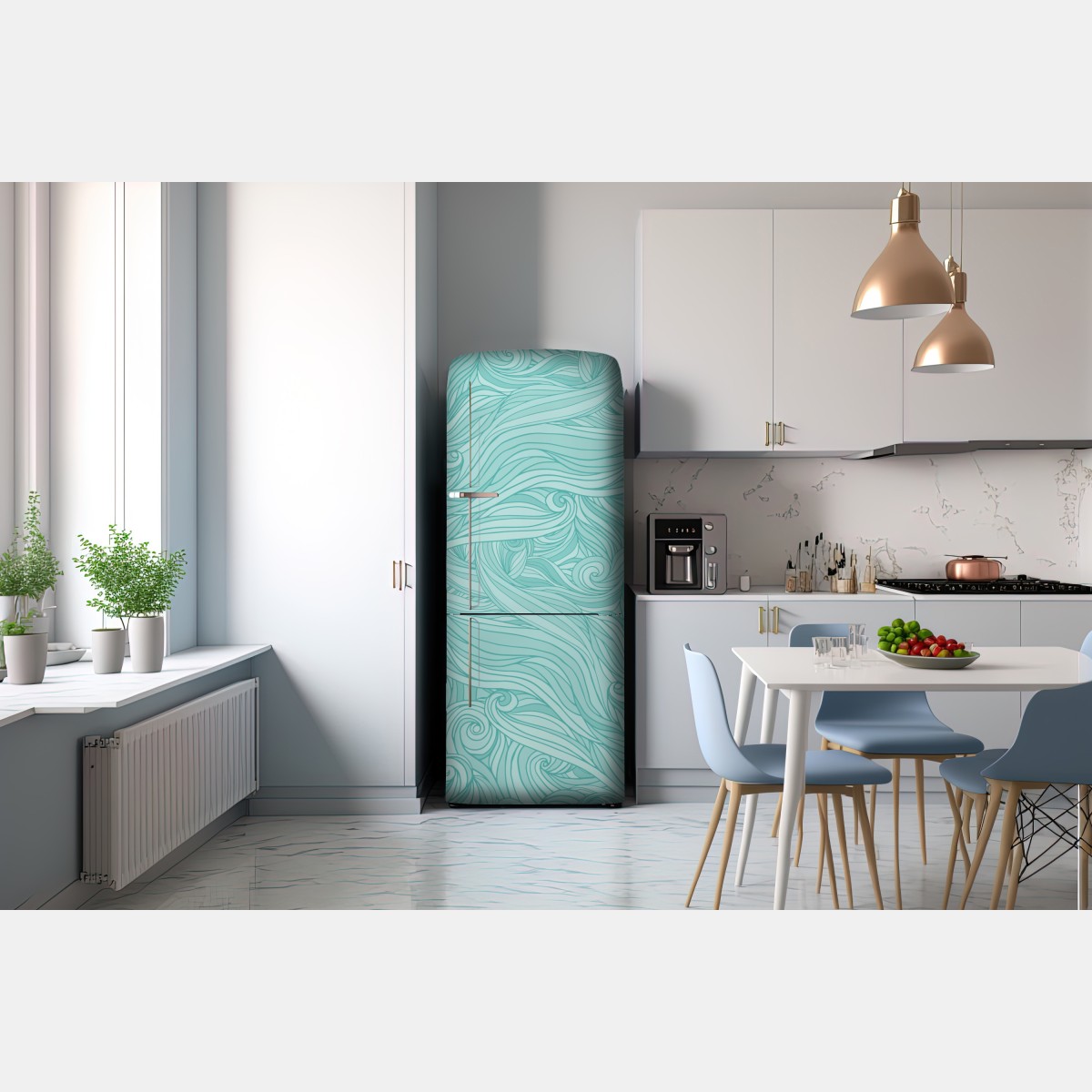 Naklejka na lodówkę turkusowy wzór falowy do dekoracji ścian – Wallissimo® Naklejka na lodówkę turkusowy wzór falowy do dekoracji ścian – Wallissimo®
